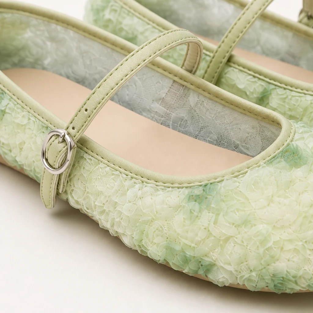 Close-up of floral textured fabric upper and Mary Jane strap detail