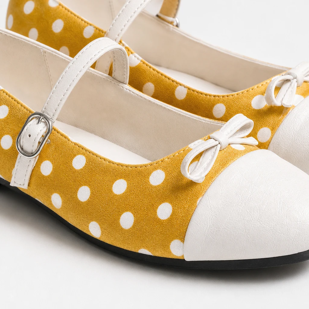 Close-up detail of polka dot Mary Jane flat texture and strap construction