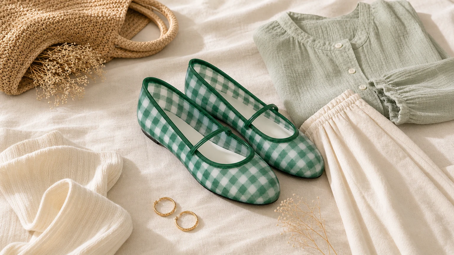Checkered sheer Mary Jane flats in a soft lifestyle setting