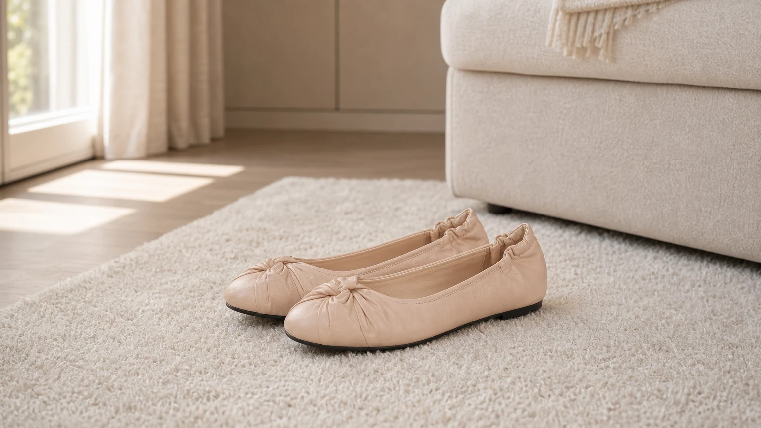 Soft pleated ballet flats styled in a lifestyle scene