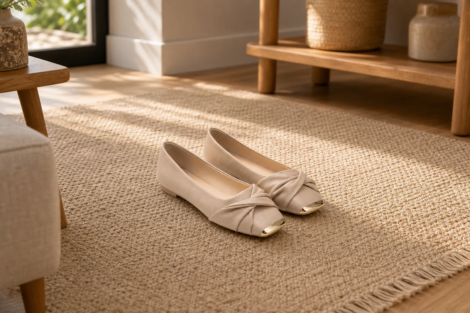 Lifestyle scene with the full flat shoes visible