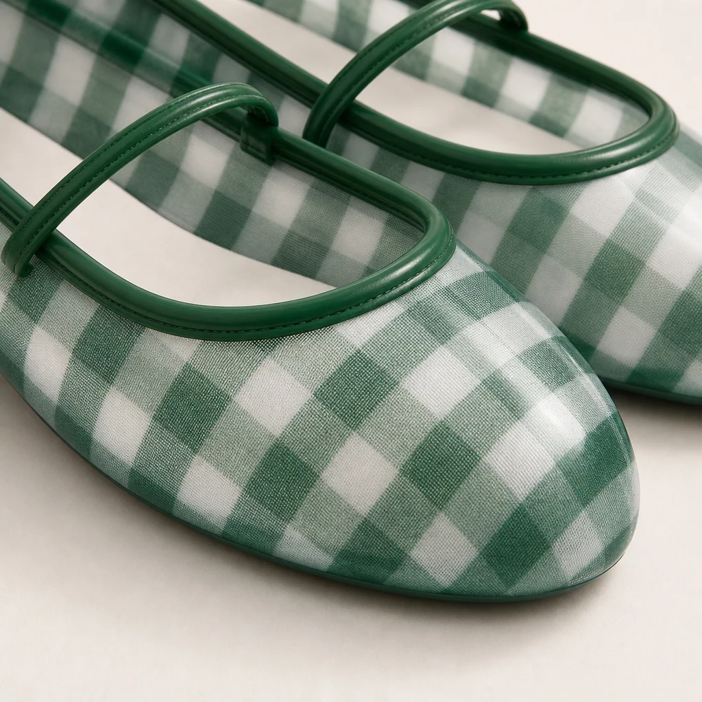 Close-up of checkered fabric upper and Mary Jane strap detail