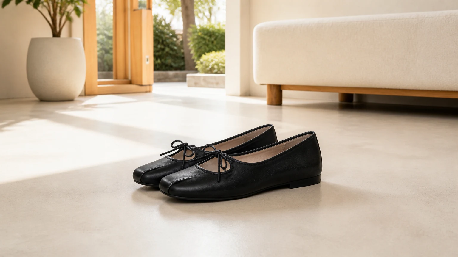 Zapatos planos para caminar con parte superior suave y acolchados clásicos diseñados en una escena de estilo de vida