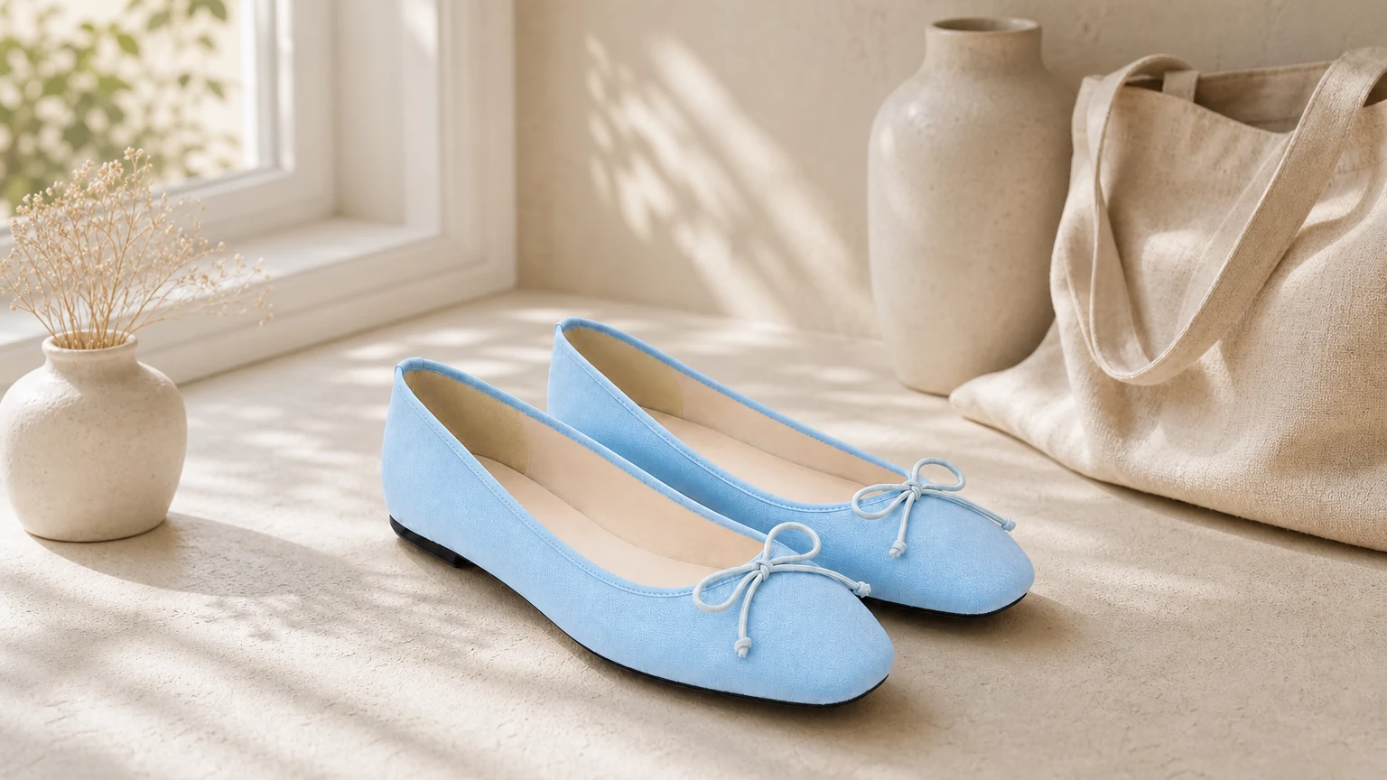 Round toe lightweight flat shoes styled in a soft everyday scene