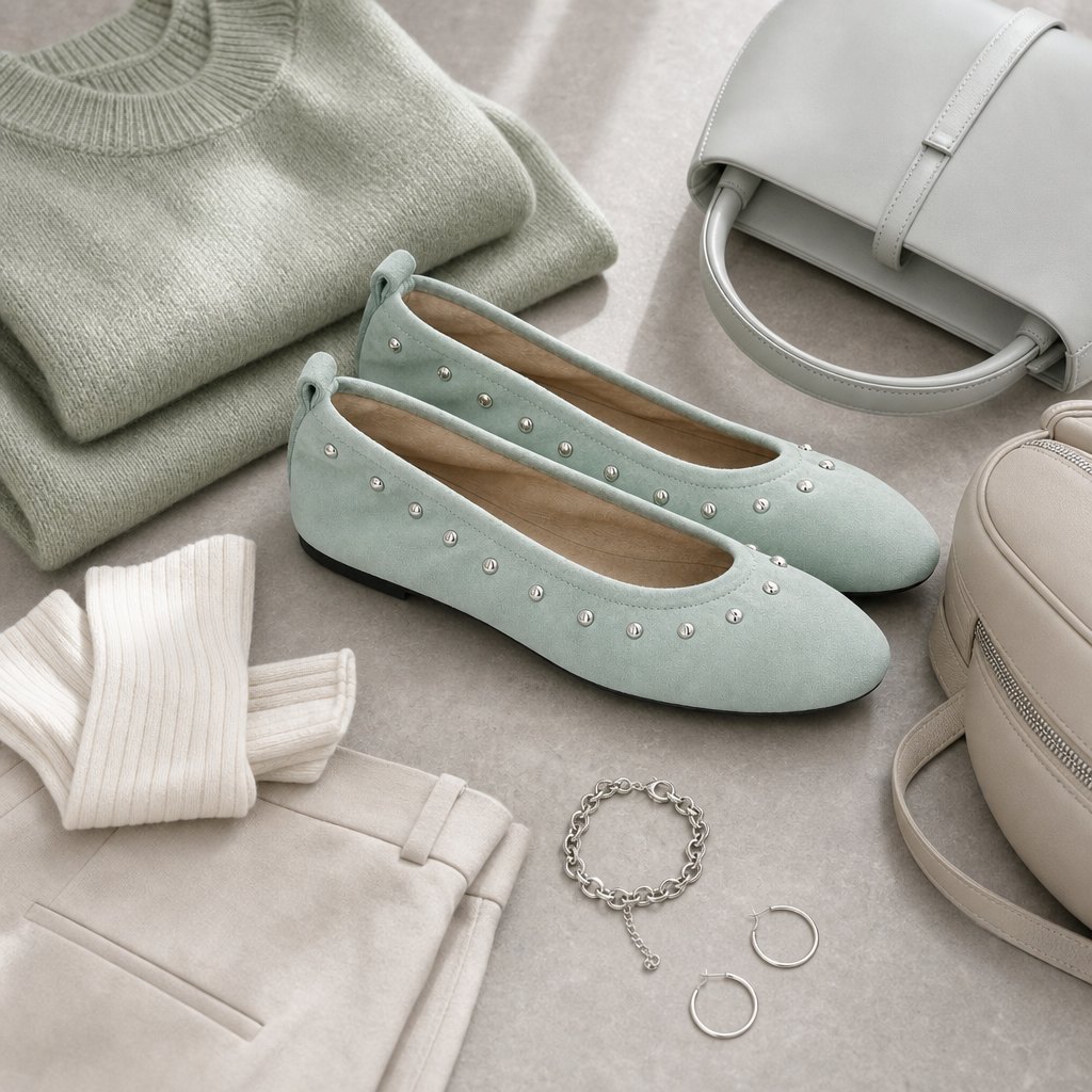 Mint green casual flats in a lifestyle product setting