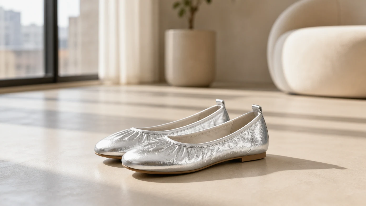 Ruched upper minimal comfort ballet flats styled in a soft everyday scene