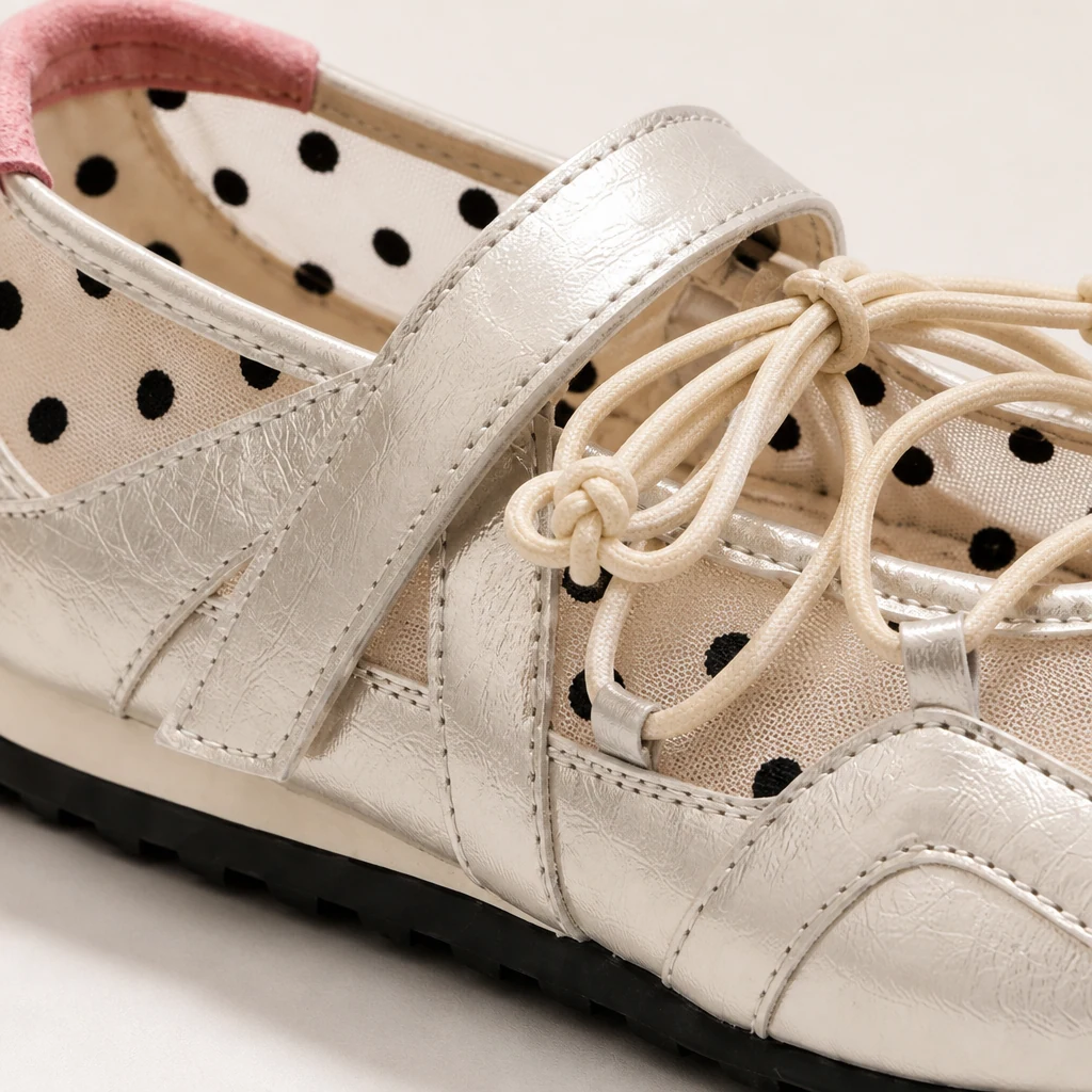 Close-up detail of polka-dot sheer upper and Mary Jane sneaker construction