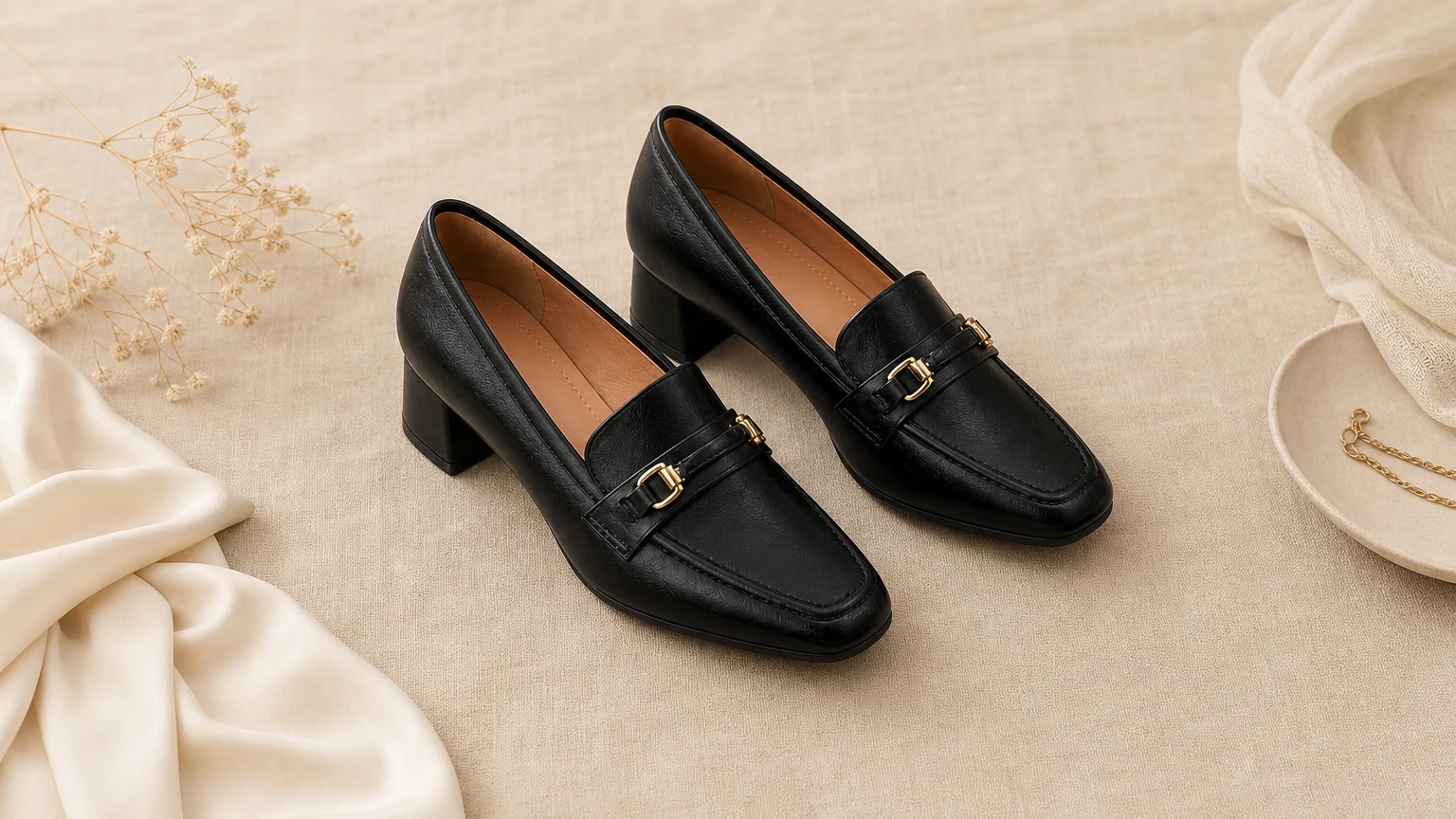 Chaussures habillées classiques à talon stable et bout carré pour femmes dans une scène de style de vie éditoriale