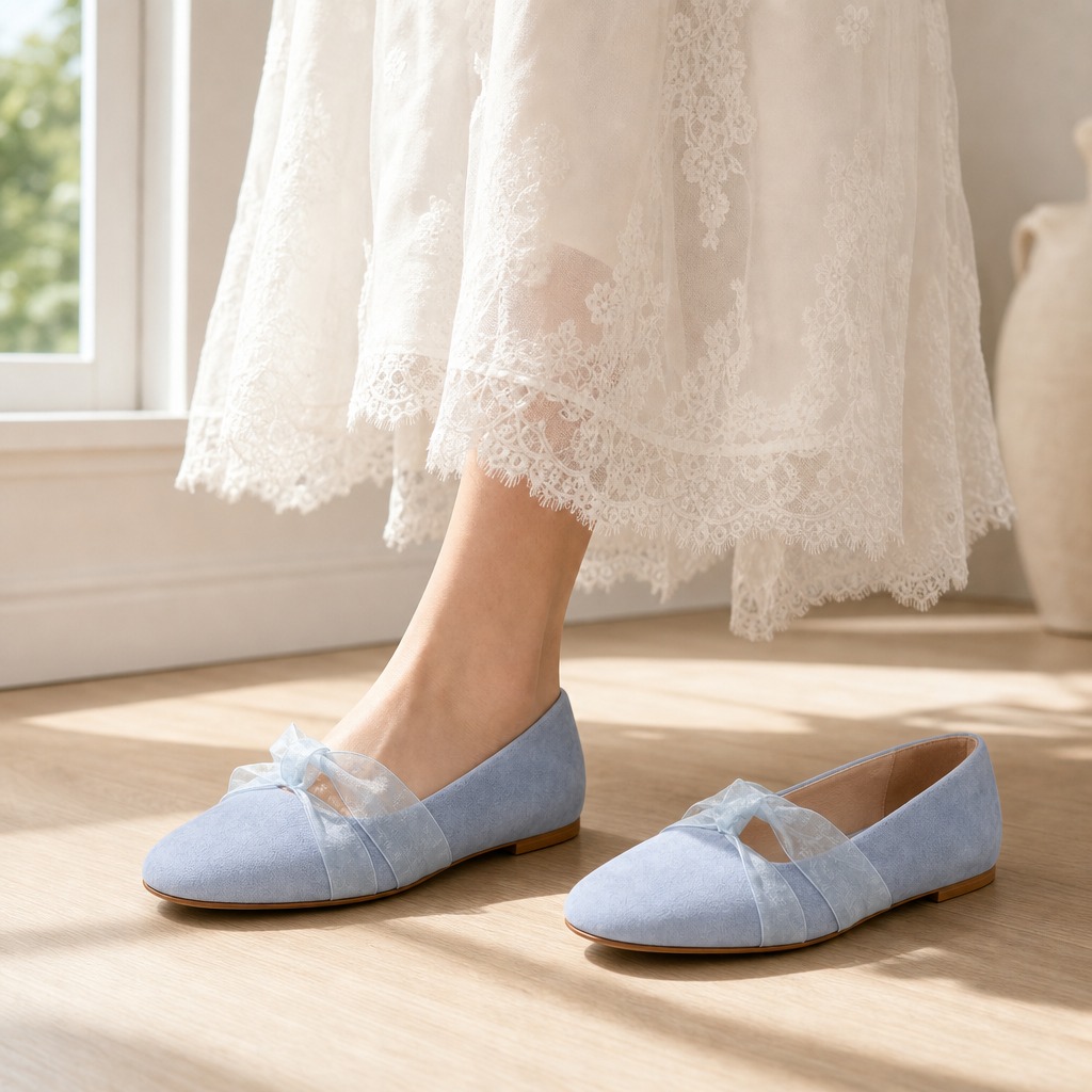 Blue Mary Jane flats worn in a lifestyle scene