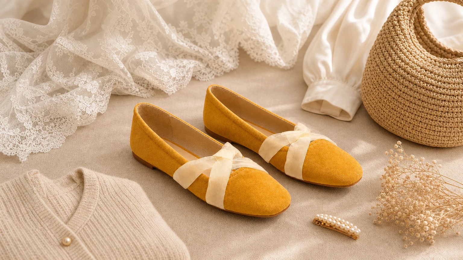 Rounded toe Mary Jane flat shoes styled in a soft hero scene