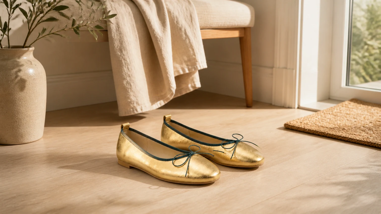 Minimalist French style ballet flats in a warm lifestyle setting