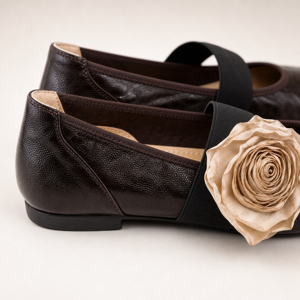 Close-up of glossy upper, strap, heel, and rose detail on Mary Jane flats