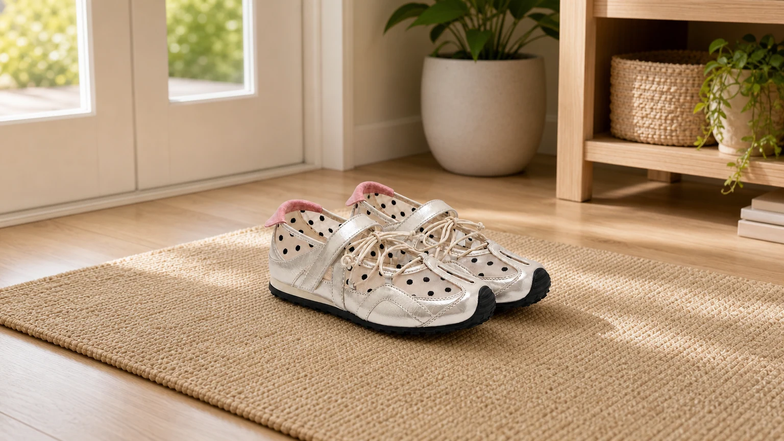 Polka dot sheer upper Mary Jane sneakers styled in a soft lifestyle scene