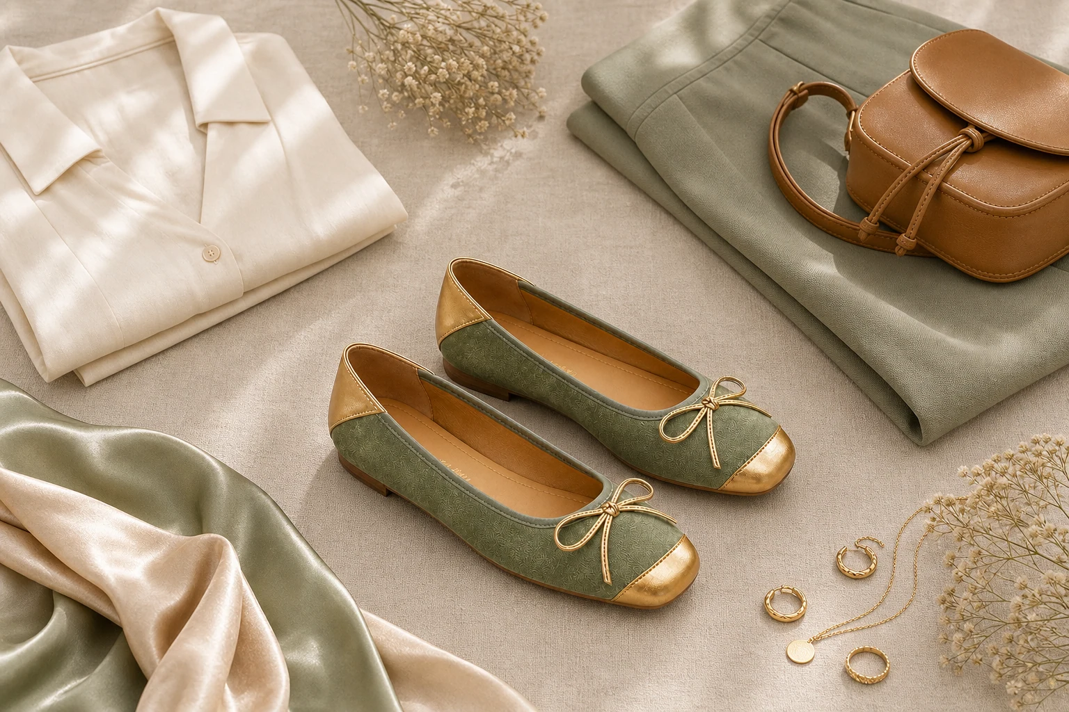 Metallic ballet flats in a product-in-context scene