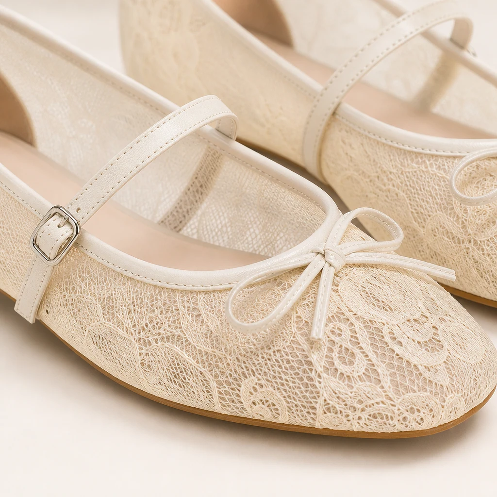 Close-up of bow, lace-style mesh texture, and strap detail on the ballet flats