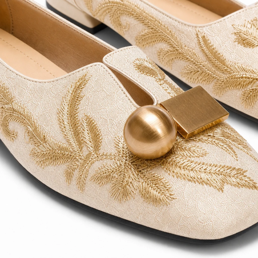 Gros plan sur une texture de mocassin brodée de fleurs et un accent décoratif