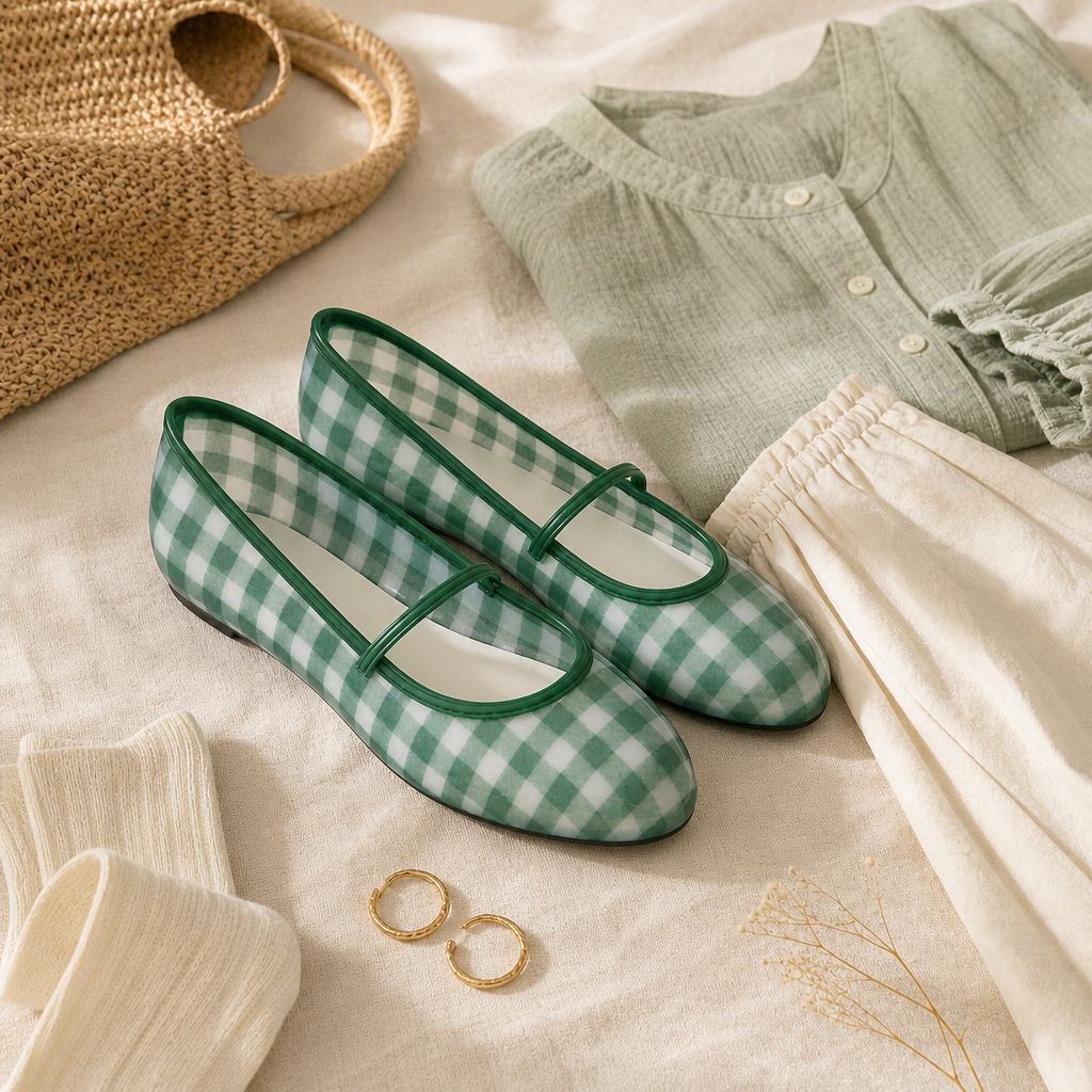 Green checkered Mary Jane flats styled with clothing and accessories