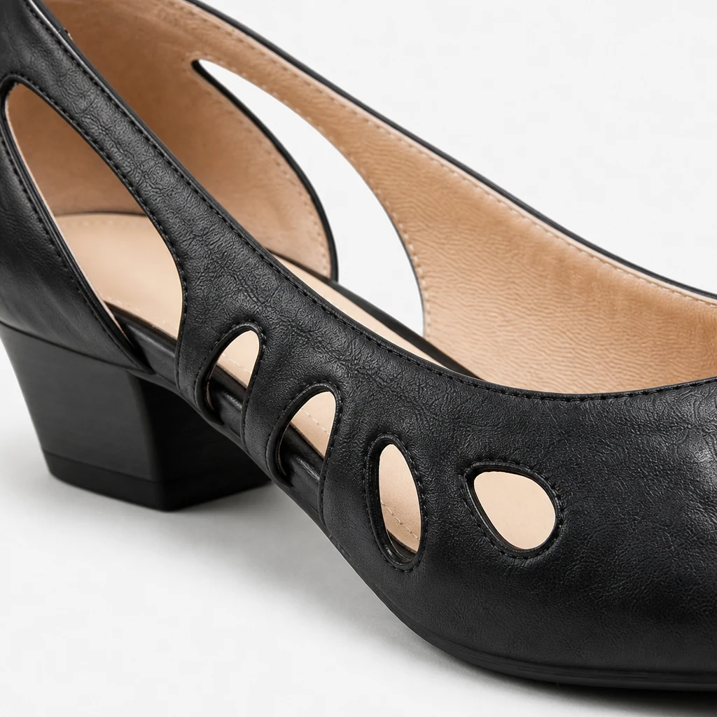 Gros plan sur la tige et la construction du mocassin noir à bride découpée