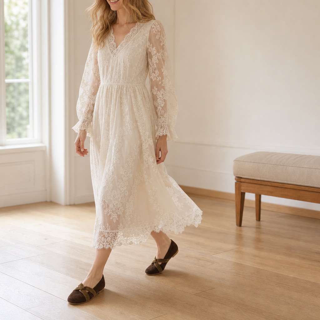Rounded toe Mary Jane flat shoes in a horizontal styled scene