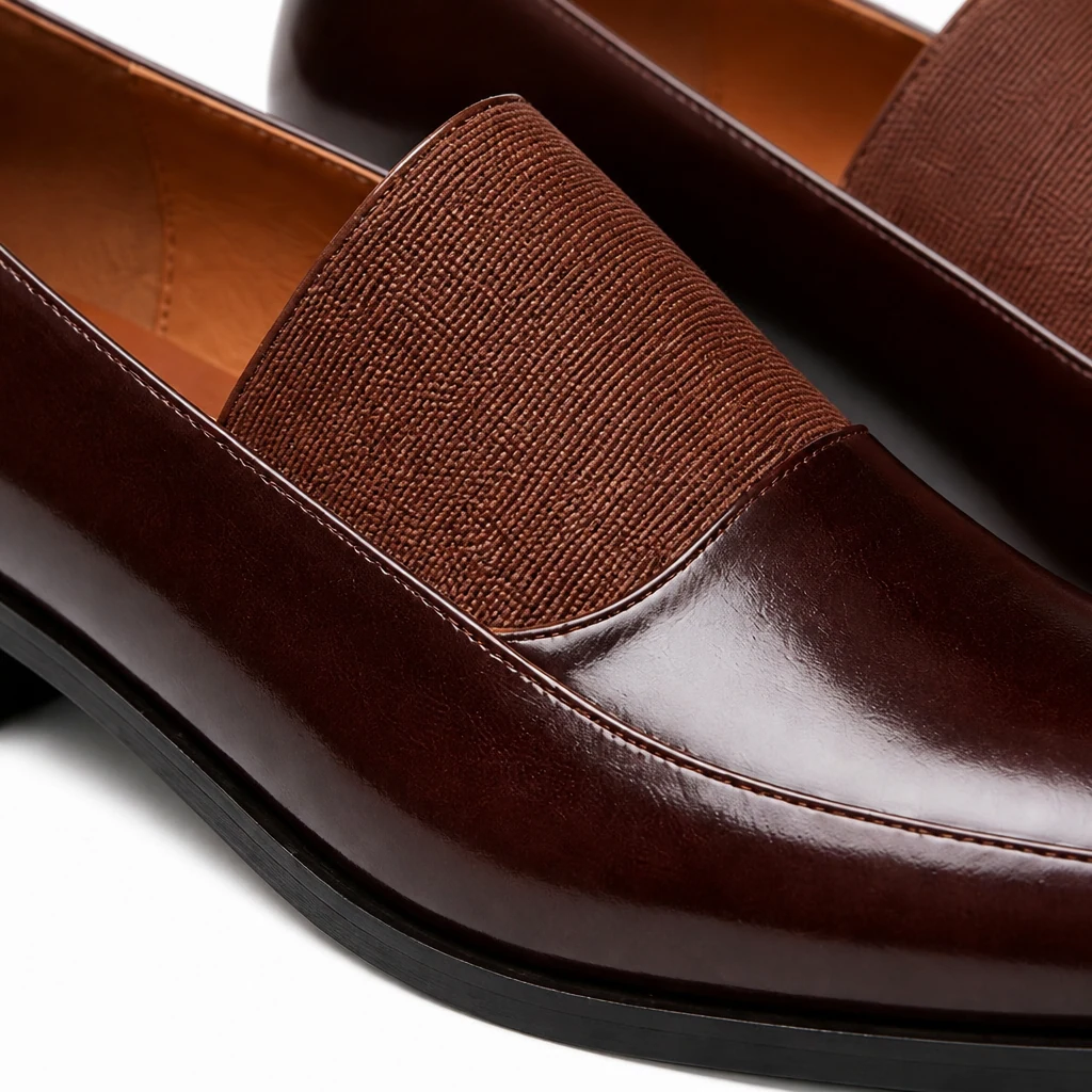 Gros plan sur la finition du mocassin à texture mixte et les détails des coutures