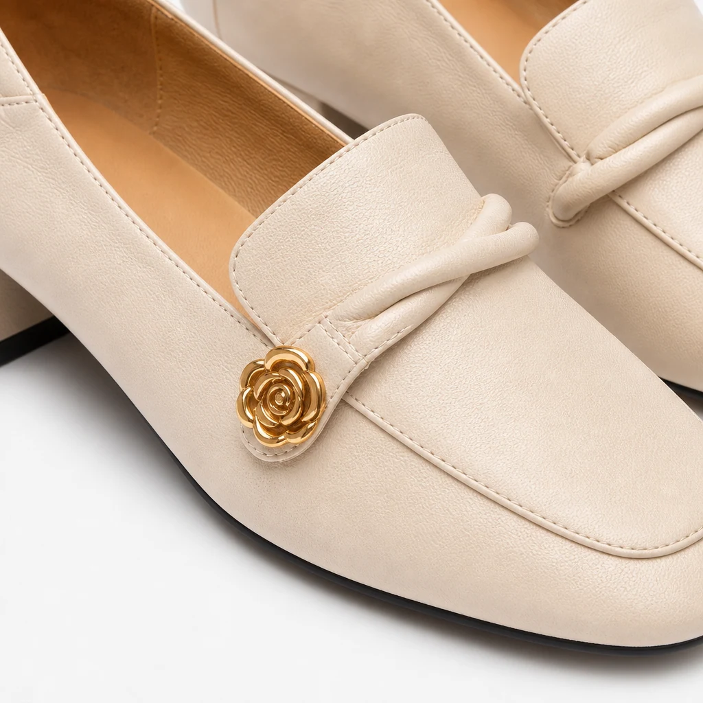 Gros plan sur la texture du mocassin en similicuir poli et les garnitures en métal