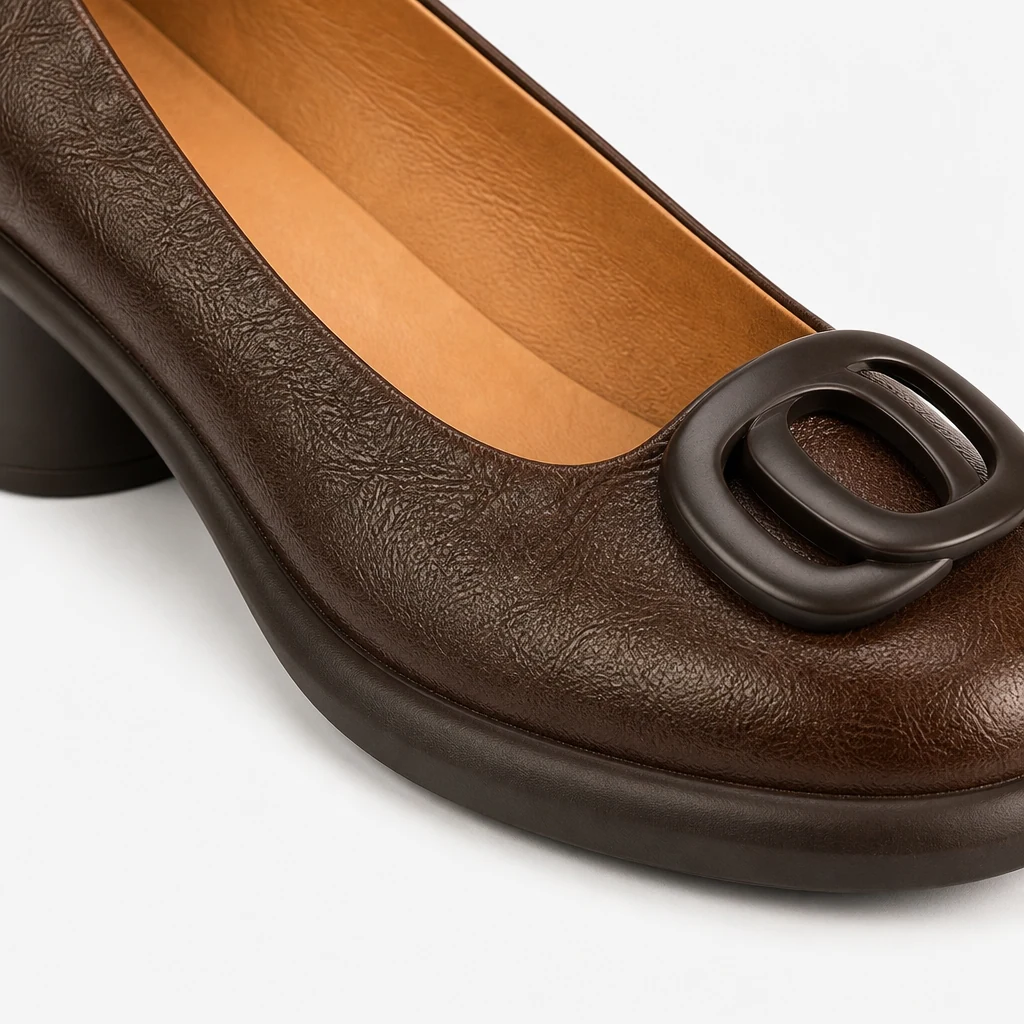 Close-up van de loafertextuur en het gespdetail in leerlook