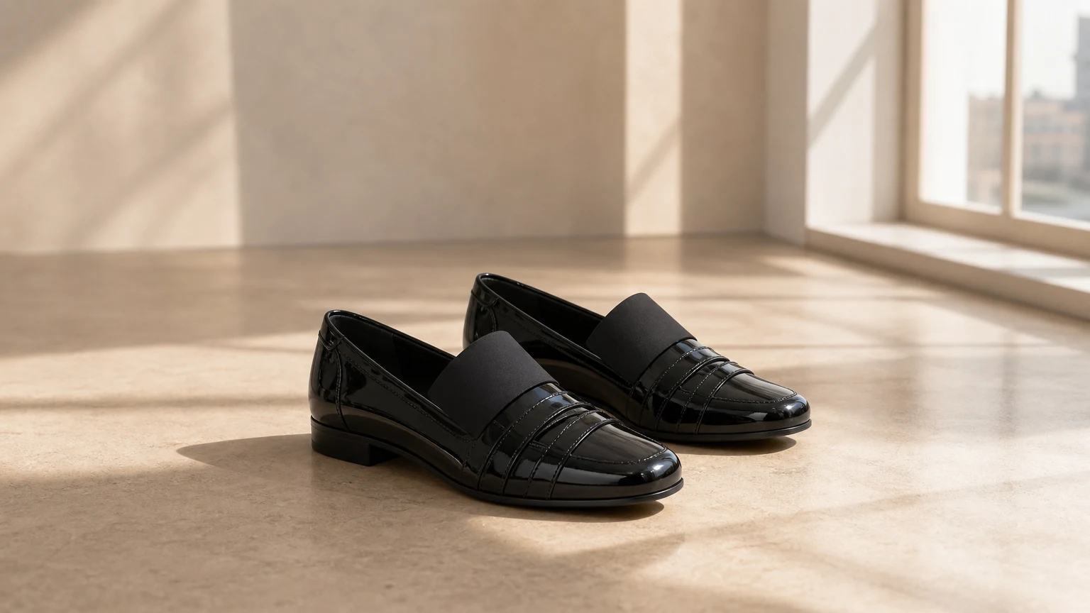 Glossy strap square toe loafers styled in a horizontal lifestyle scene