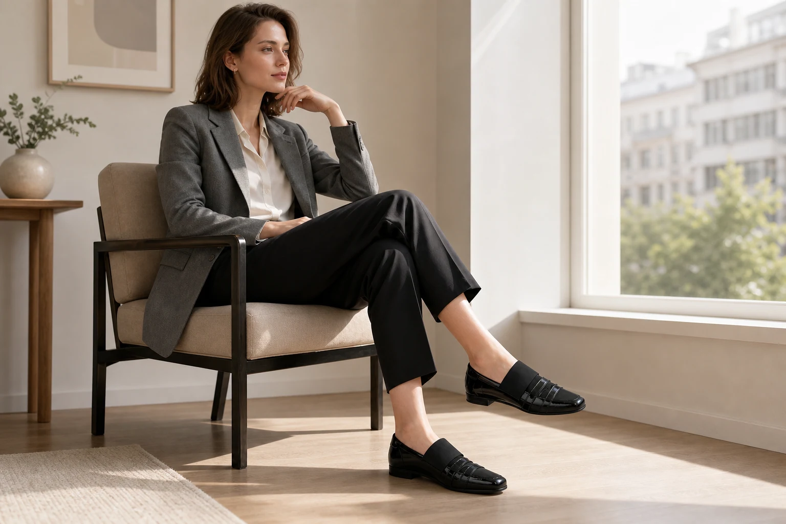 Glossy strap loafers in a lifestyle product scene