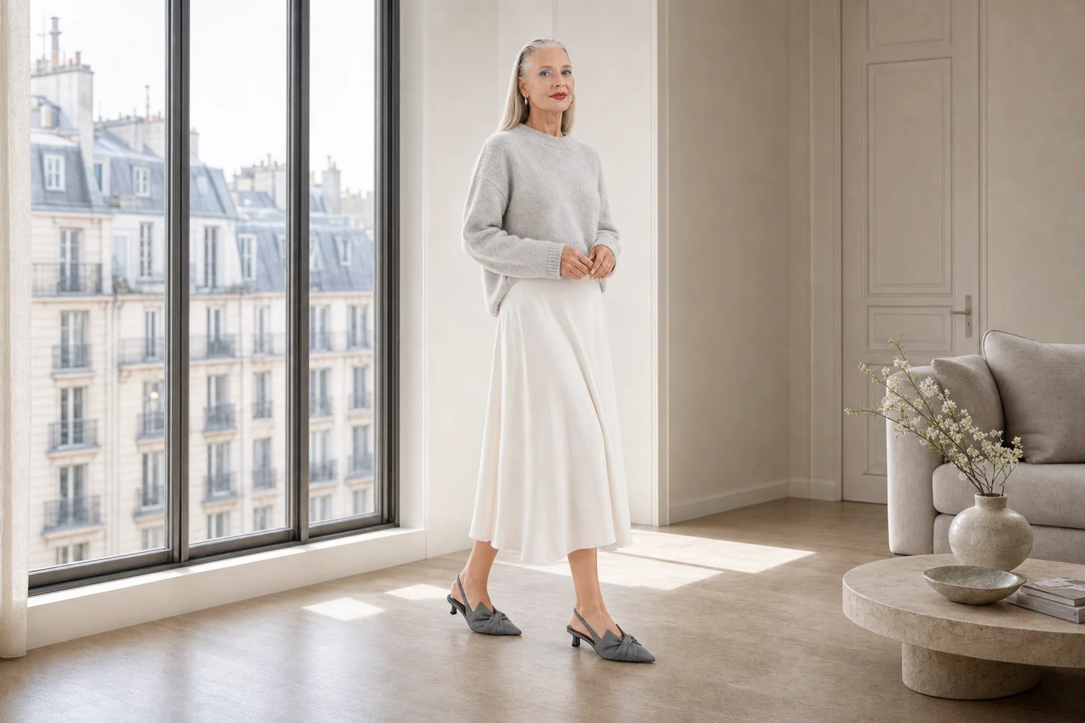 Lifestyle-productscène met de grijze slingback kitten-hakpumps