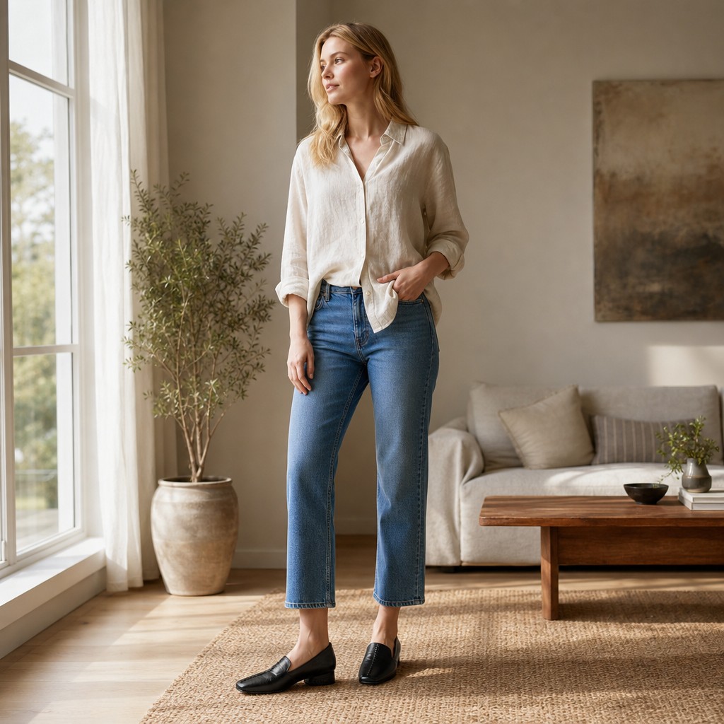 Mocassins en similicuir brillant dans une scène de produit en contexte