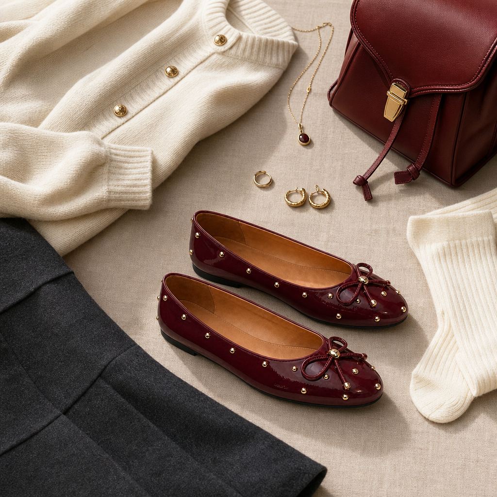 Burgundy bow flats styled with clothing accessories