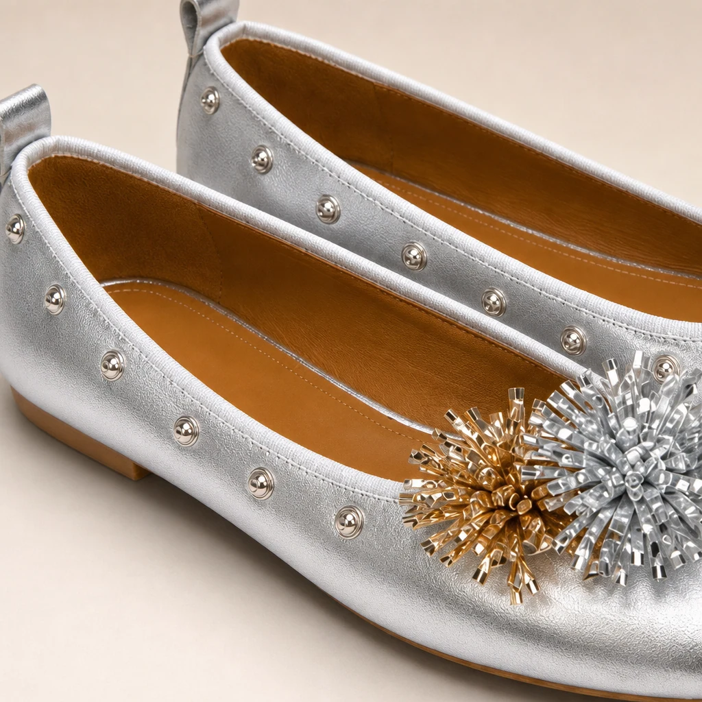 Close-up of studded floral toe detail on the dress flats