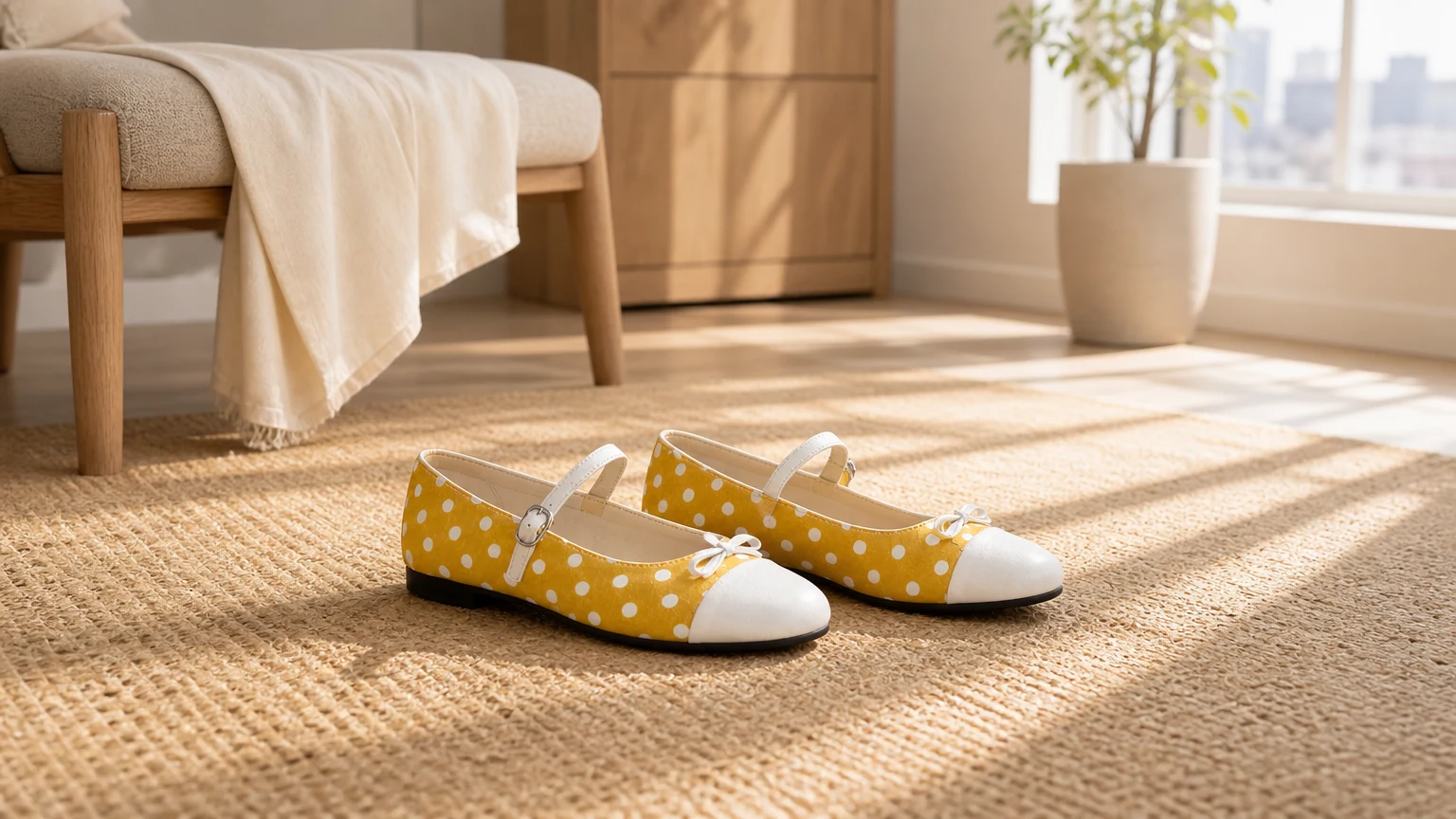 Polka dot Mary Jane flats styled in a warm retro scene
