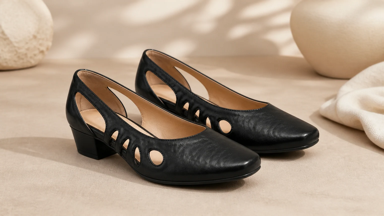 Mocassins noirs à brides découpées posés sur un tissu doux