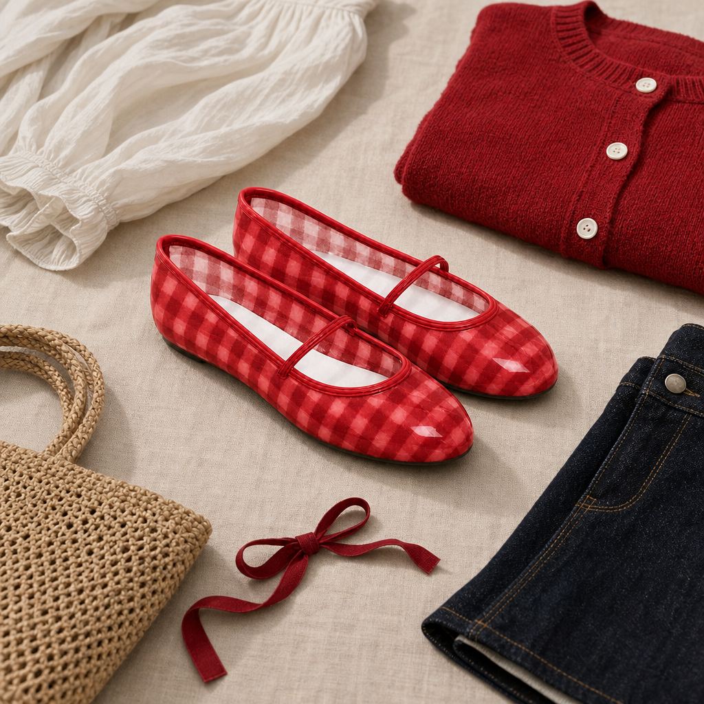 Red checkered Mary Jane flats in a coordinated flatlay