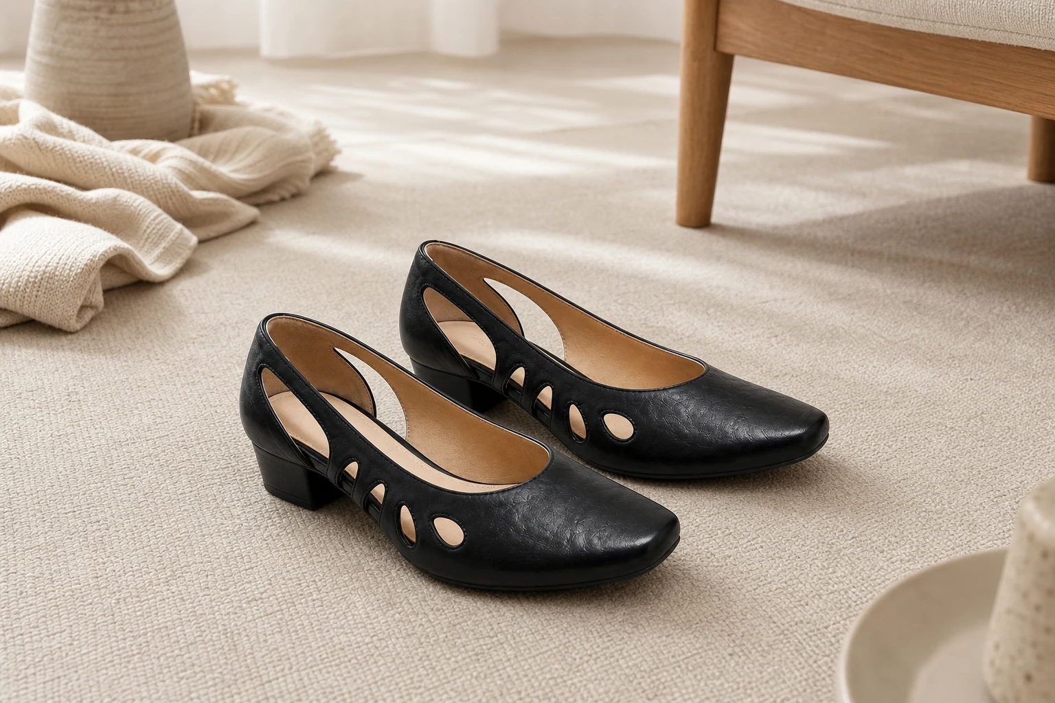 Mocassins noirs à brides découpées, style style de vie en intérieur.