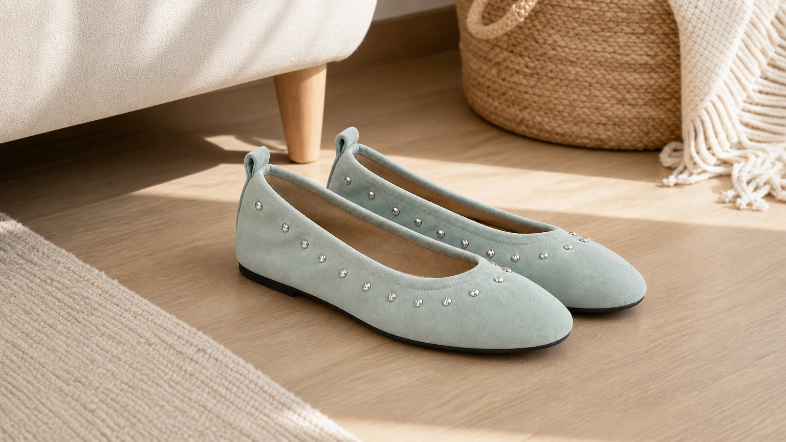 Round toe mint green casual lightweight flat shoes in a lifestyle setting