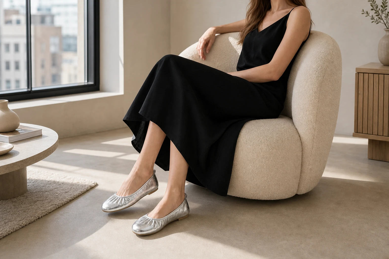 Ruched ballet flats in a casual product-in-context scene