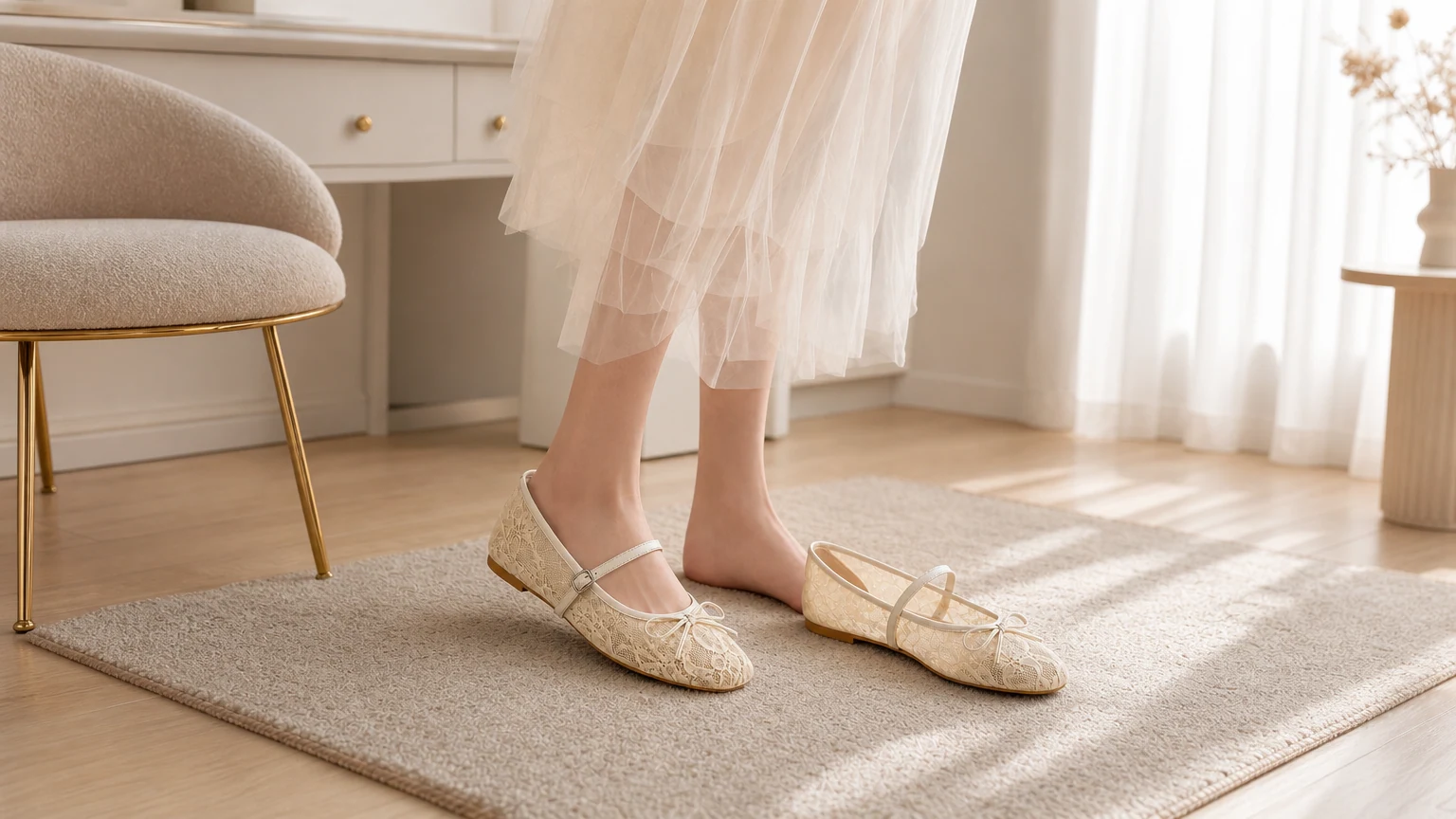 Bow detail vintage lightweight ballet flat shoes styled in a soft editorial scene