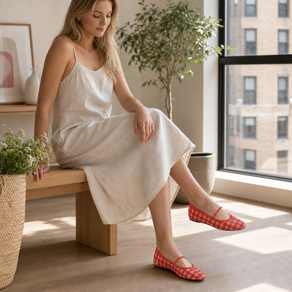 Red checkered Mary Jane flats worn in an indoor lifestyle scene