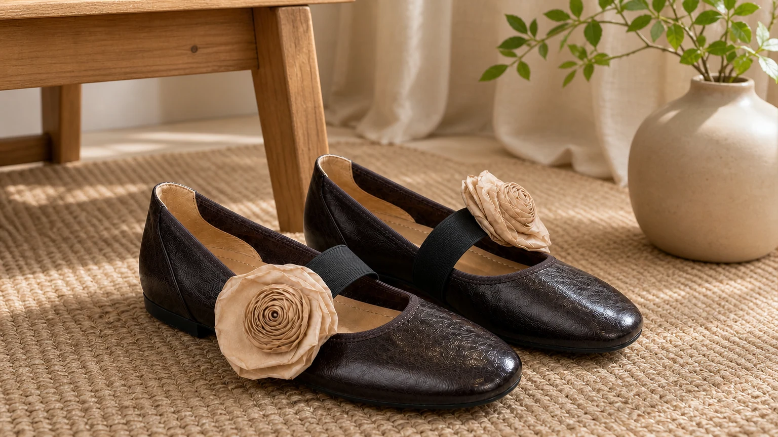Rose applique Mary Jane flats styled in a soft lifestyle scene