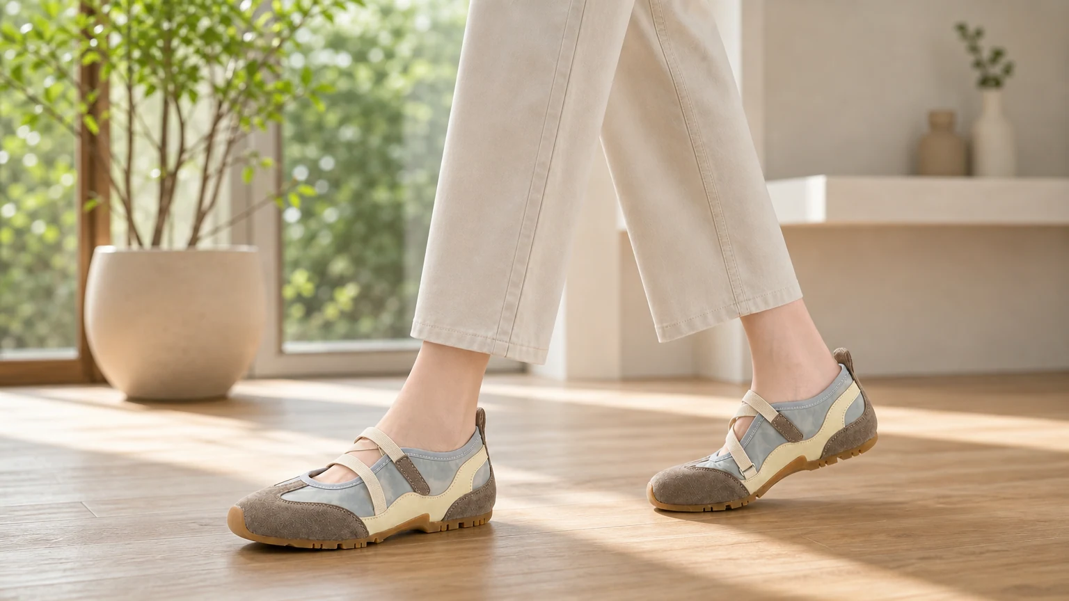 Zapatos Mary Jane acolchados con tiras cruzadas usados ​​en una escena de estilo de vida