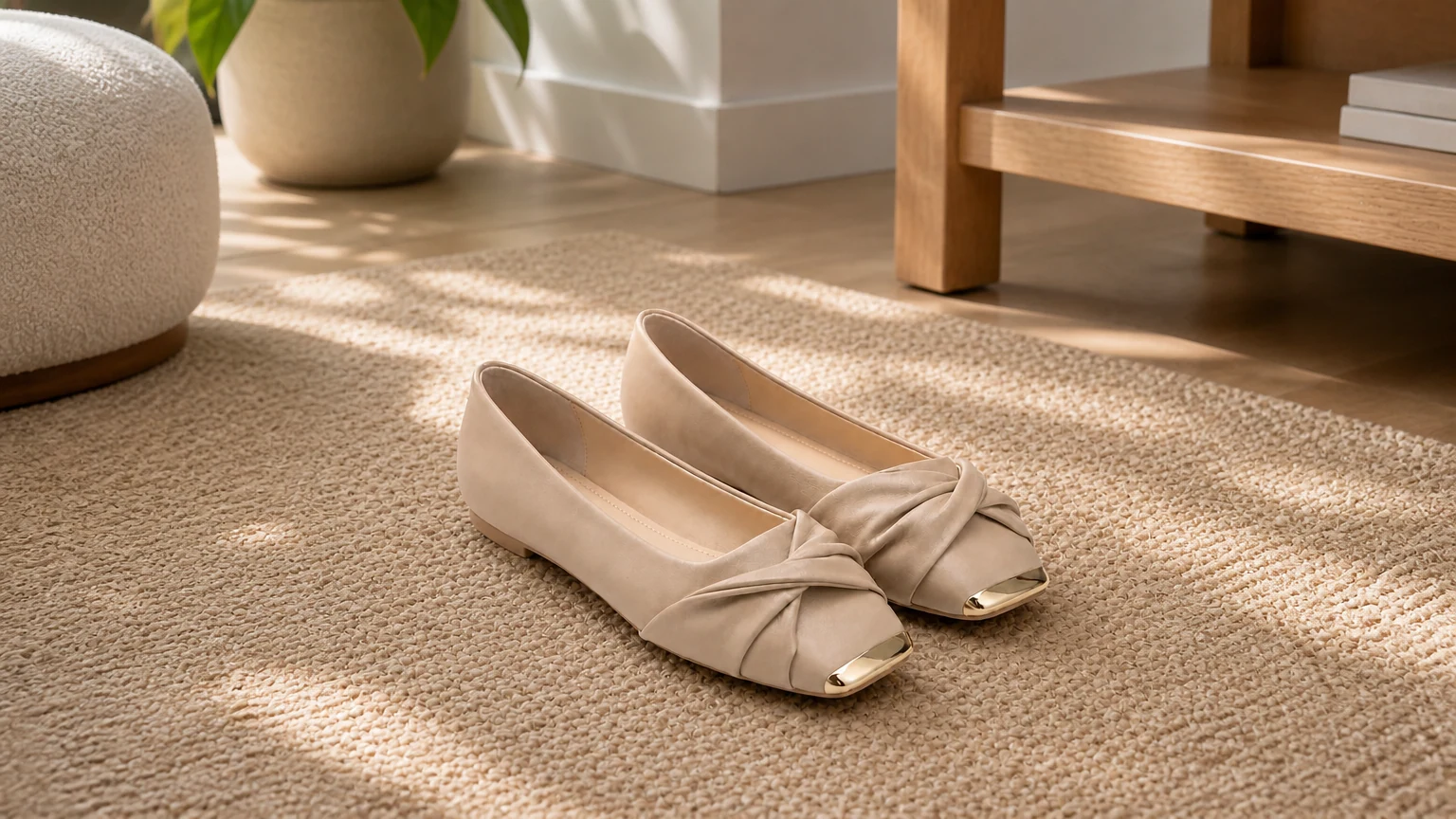 Square toe minimal flat shoes styled in a warm lifestyle scene