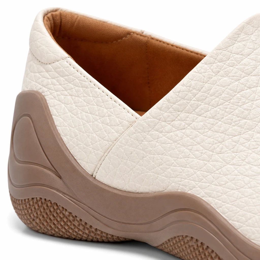 Dettaglio ravvicinato del materiale e della costruzione della scarpa slip-on