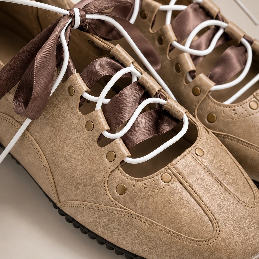 Close-up detail of metallic finish, ribbon lace, eyelets, and stitching on the sneaker flats