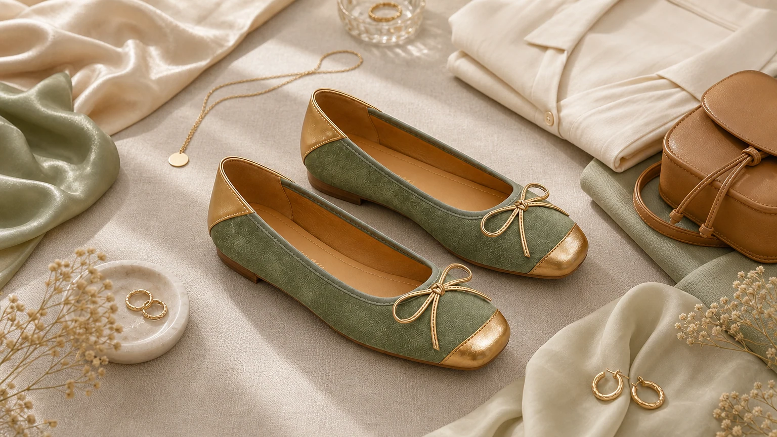 Green metallic shine ballet flats styled in a horizontal hero scene