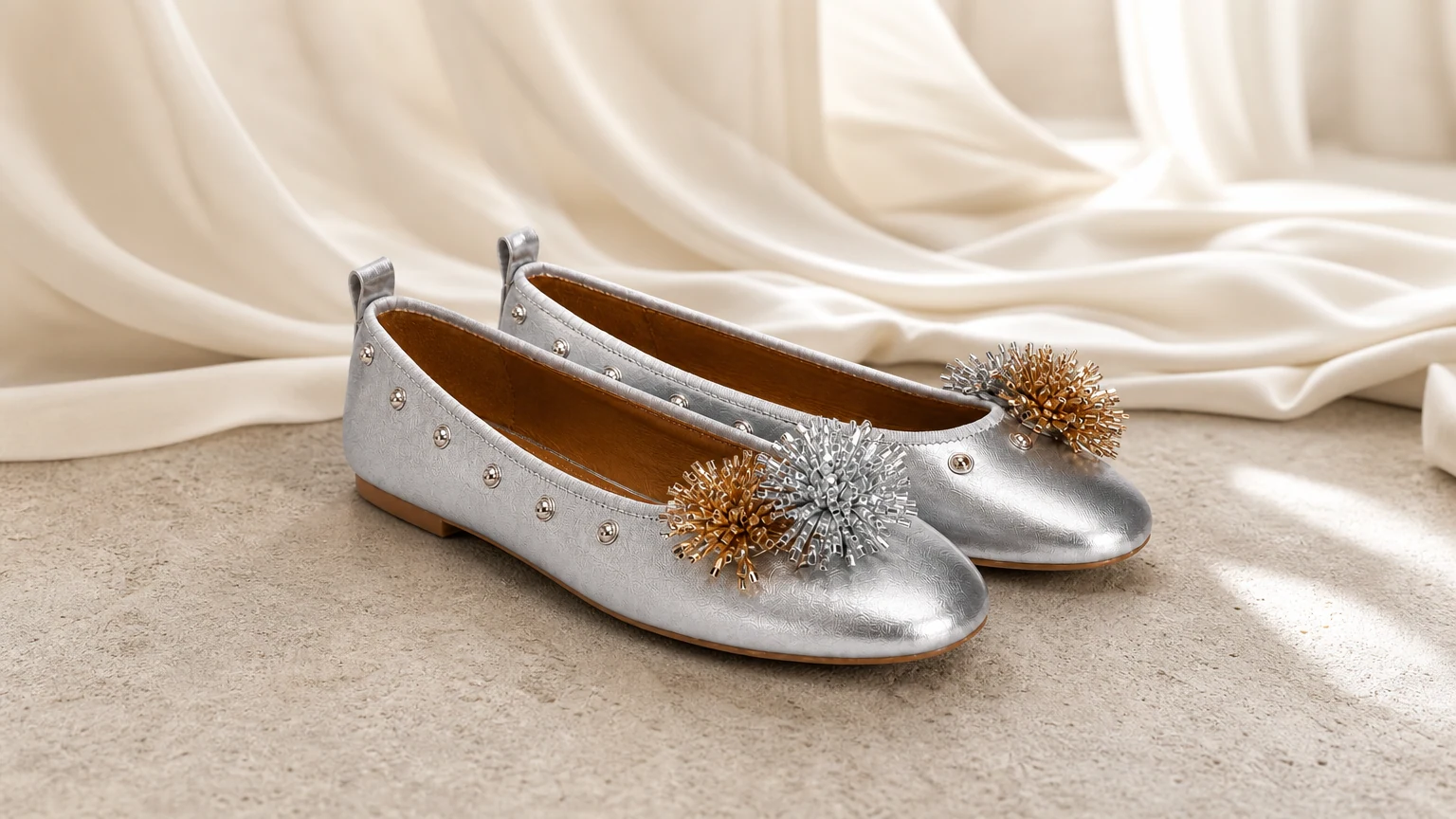Studded round toe dress flats styled in a horizontal scene