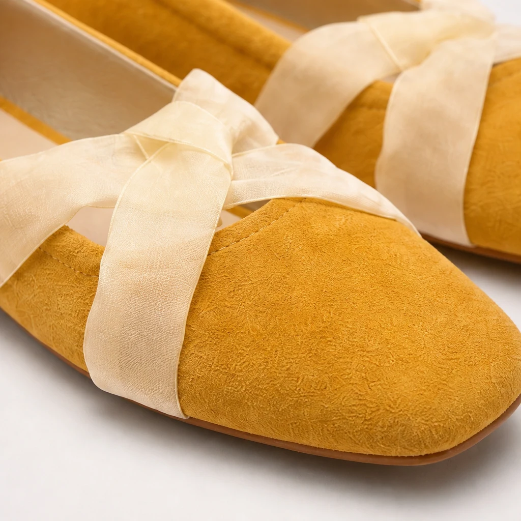 Close-up detail of suede upper, rounded toe and Mary Jane strap