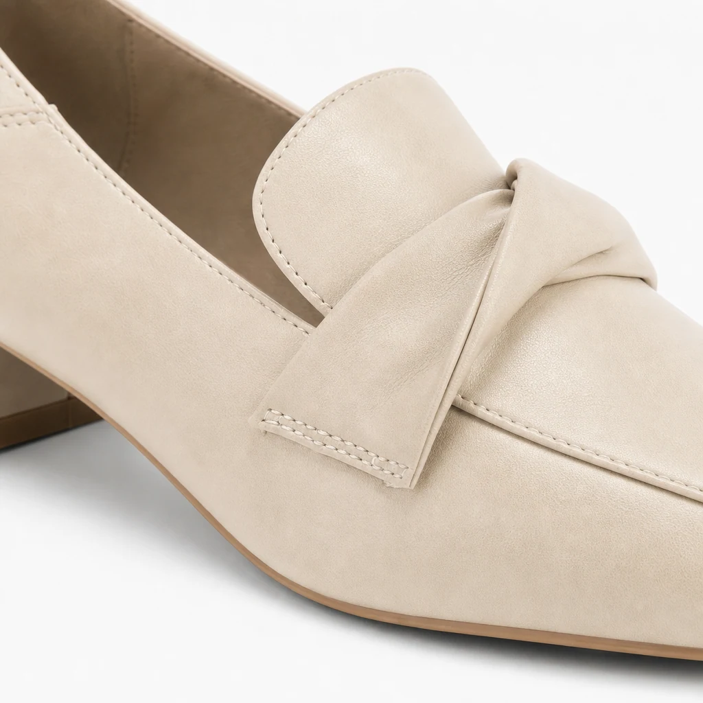 Gros plan sur la texture d'un mocassin en similicuir lisse et les détails de la sangle