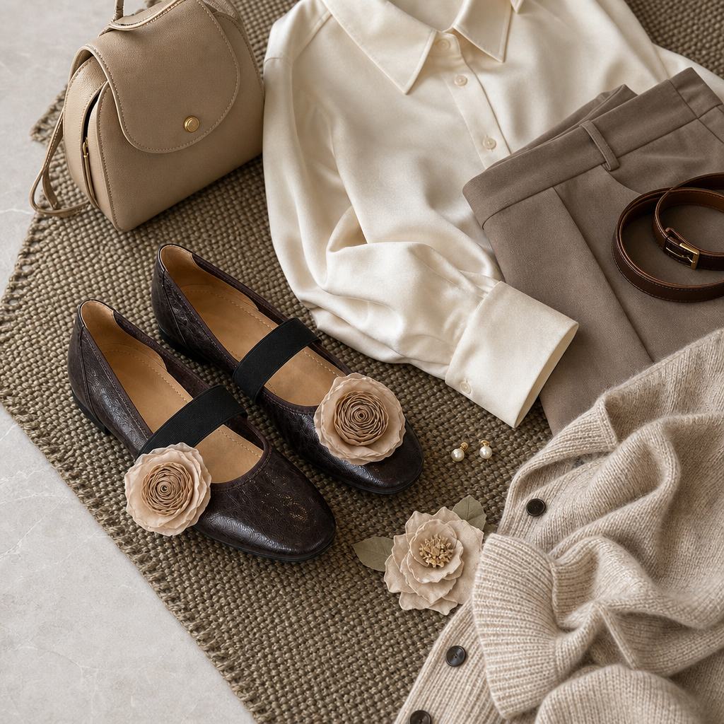 Mary Jane flats in an outfit flat lay